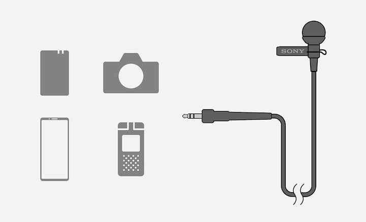 Ilustración del amplio rango de conectividad que proporciona la compatibilidad de alimentación por enchufe del micrófono ECM-L1, lo que incluye cámara, grabador de IC, smartphone y micrófono inalámbrico